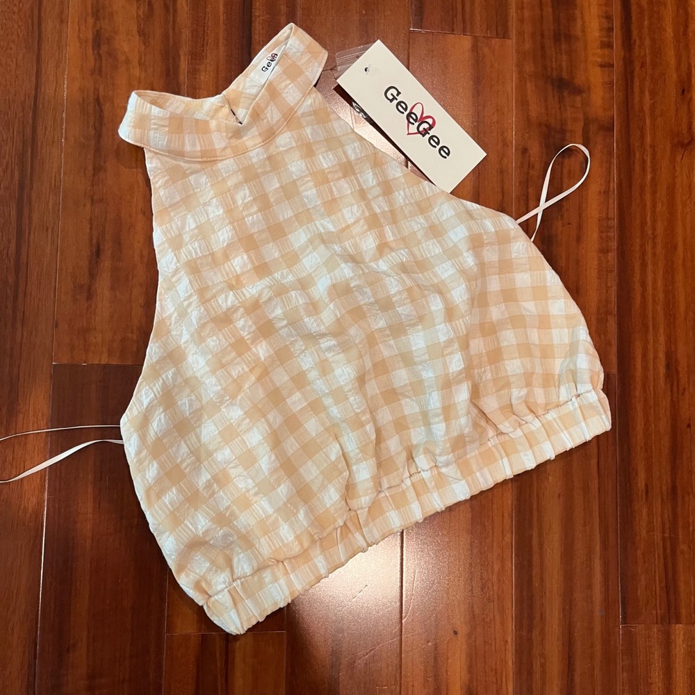 Gingham High Neck Halter Crop Top Open Cross Back Check Light Beige New Small